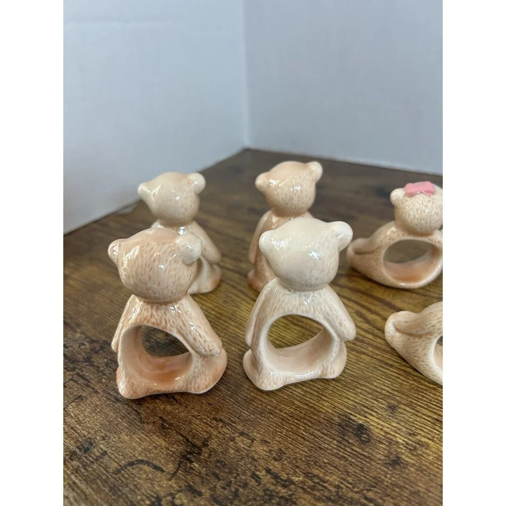 Vintage Taiwan Teddy Bear Ceramic Napkin Ring Holders Set of 8 Brown Boy Girl